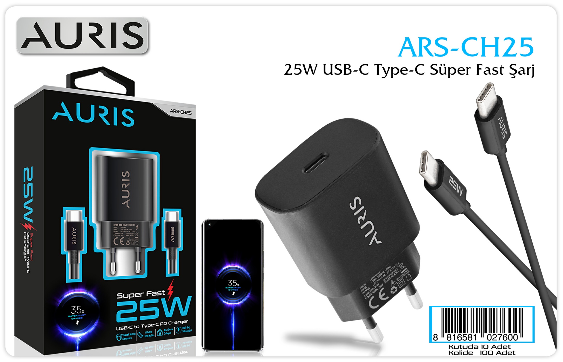 Auris CH25 25W USB-C Hızlı Şarj Cihazı ve Type-C – Type-C Kablo Seti Super Fast Siyah
